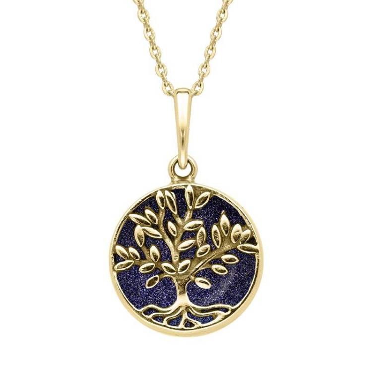 9ct Yellow Gold Blue Goldstone Small Round Large Leaves Tree of Life Necklace