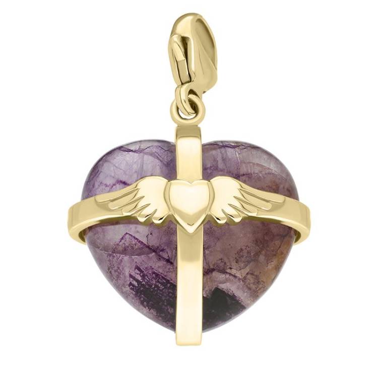 9ct Yellow Gold Blue John Large Winged Cross Heart Charm - Gold