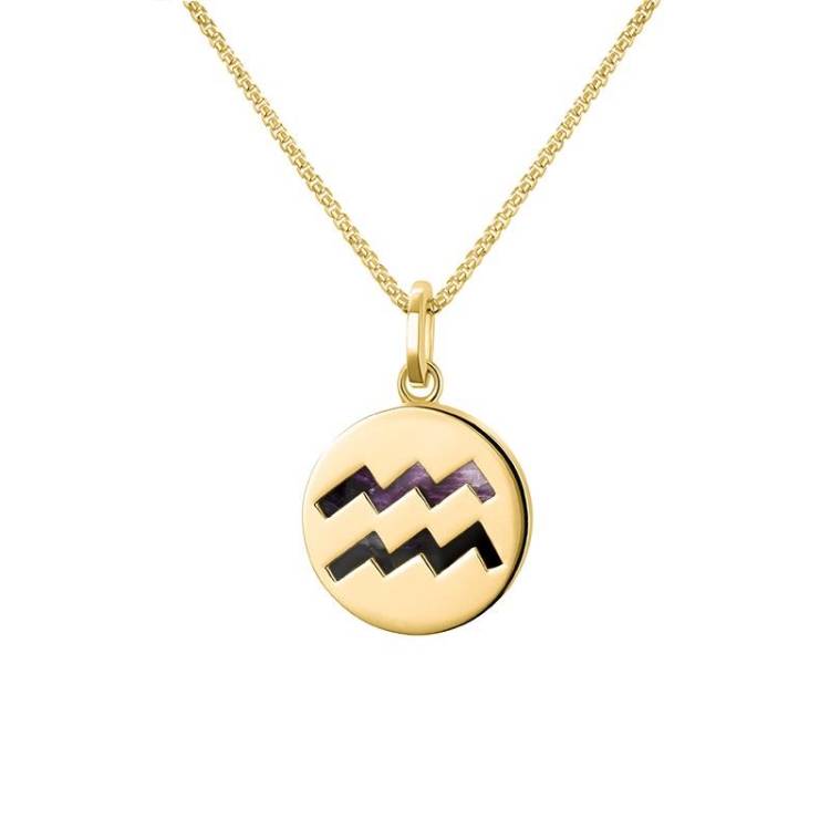 9ct Yellow Gold Blue John Zodiac Aquarius Round Necklace - Gold