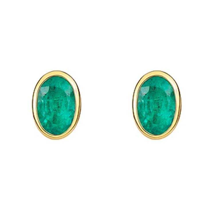 9ct Yellow Gold Emerald 6x4mm Oval Rub Over Set Stud Earrings