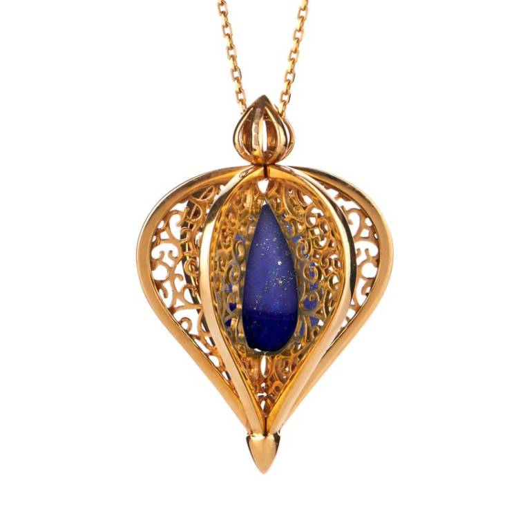 9ct Yellow Gold Lapis Lazuli Flore Filigree Droplet Necklace