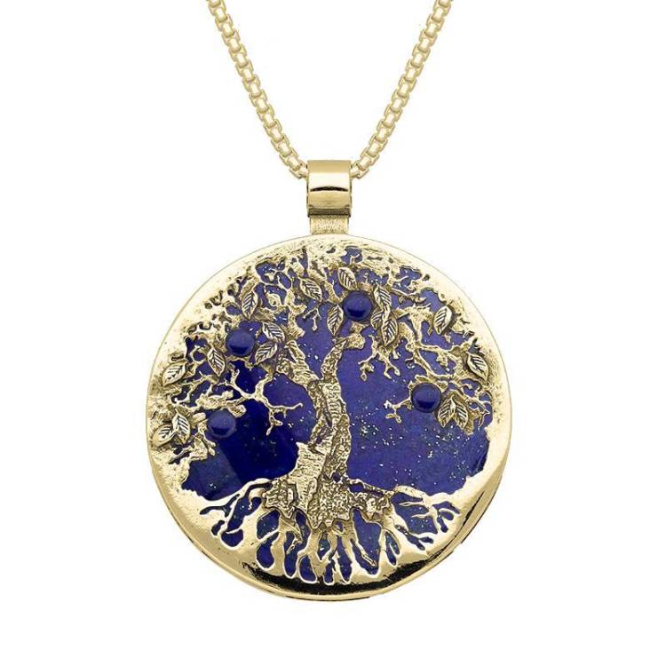 9ct Yellow Gold Lapis Lazuli Large Round Tree Of Life Necklace