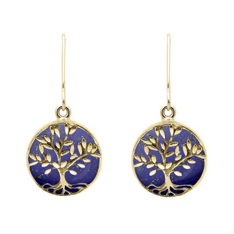 9ct Yellow Gold Lapis Lazuli Round Large Tree of Life Leaves Drop Earrings