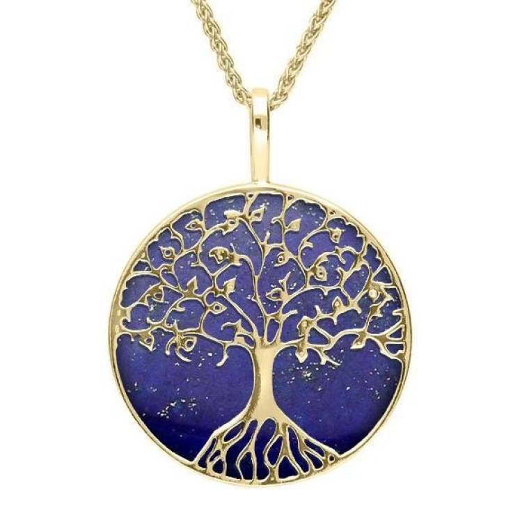 9ct Yellow Gold Lapis Lazuli Round Tree Of Life Necklace