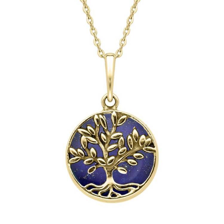 9ct Yellow Gold Lapis Lazuli Small Round Large Leaves Tree of Life Necklace