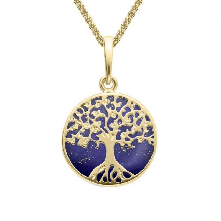 9ct Yellow Gold Lapis Lazuli Small Round Tree Of Life Necklace