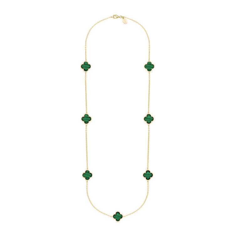 9ct Yellow Gold Malachite Bloom Four Leaf Clover Ball Edge Long Necklace