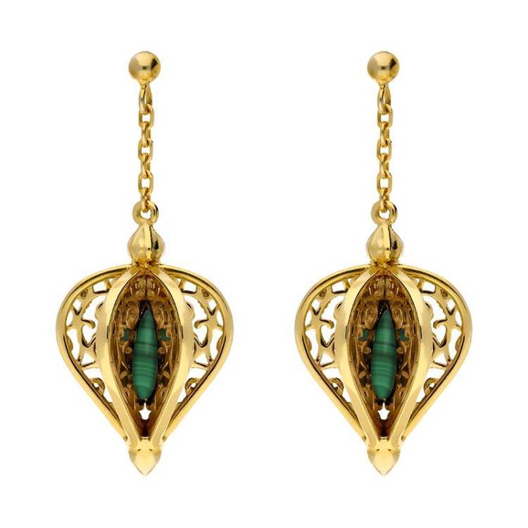 9ct Yellow Gold Malachite Flore Filigree Drop Earrings