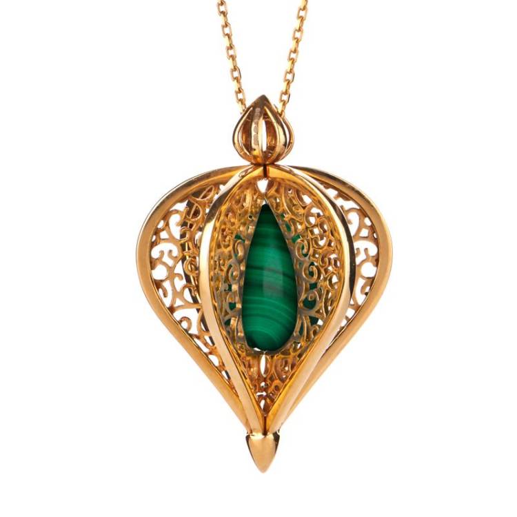 9ct Yellow Gold Malachite Flore Filigree Droplet Necklace