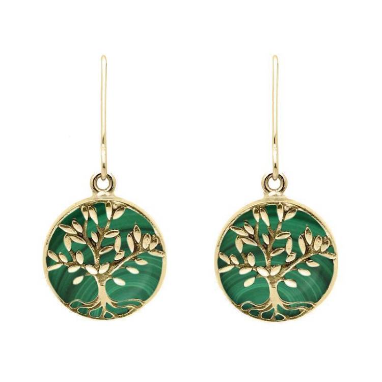 9ct Yellow Gold Malachite Round Large Tree of Life Leaves Drop Earrings