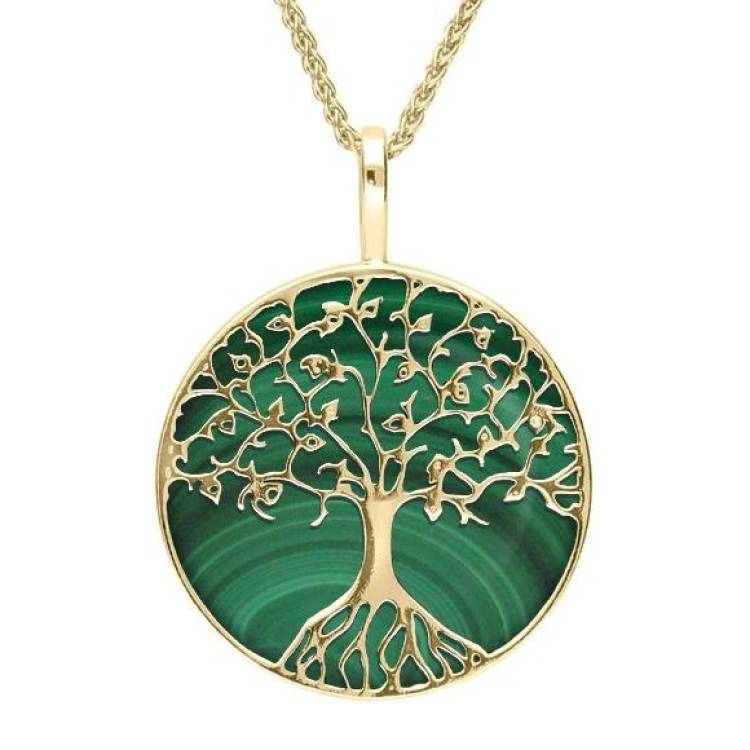 9ct Yellow Gold Malachite Round Tree Of Life Necklace