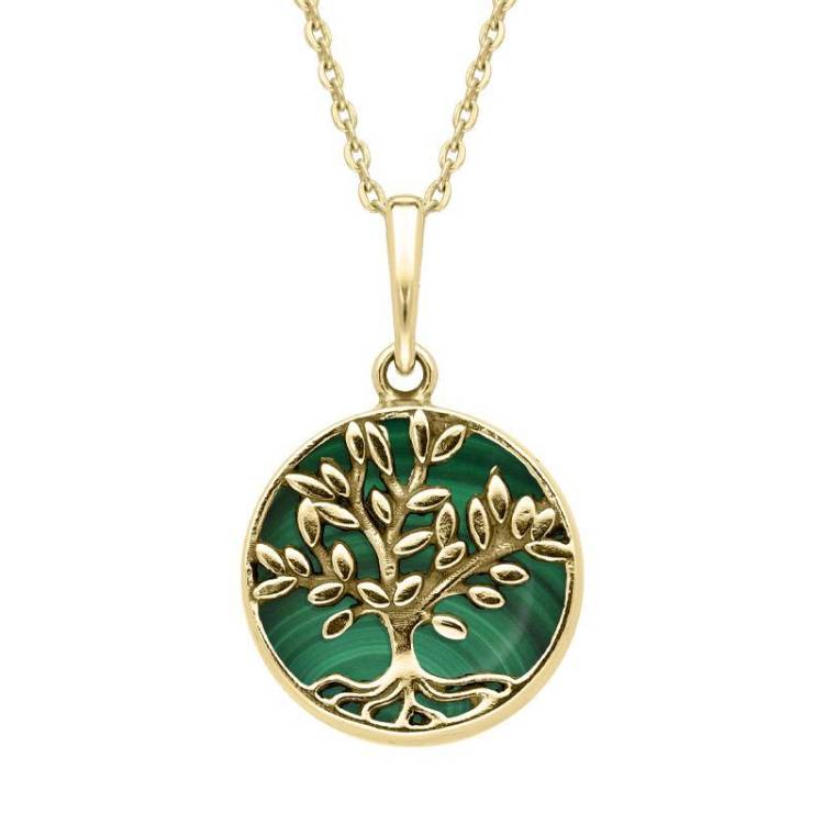 9ct Yellow Gold Malachite Small Round Large Leaves Tree of Life Necklace