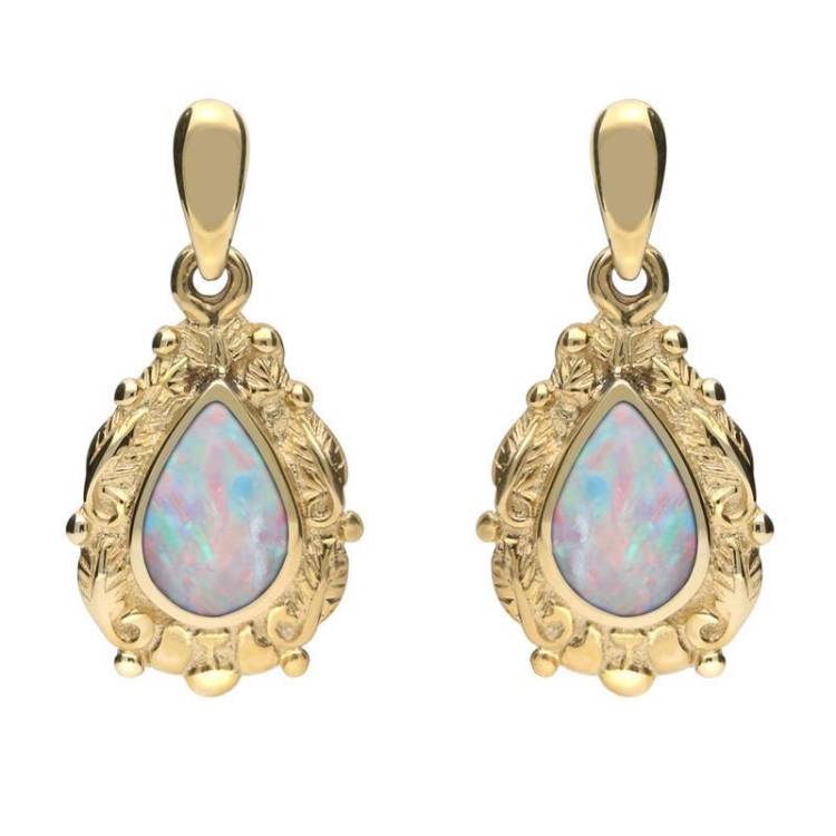 9ct Yellow Gold Opal Pear Shaped Leaf Drop Earrings - Yellow Gold