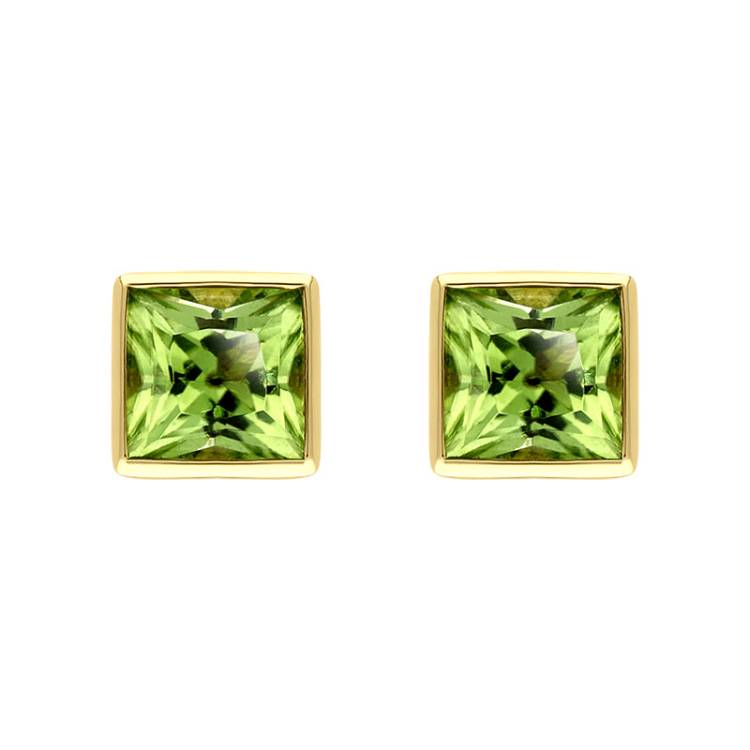 9ct Yellow Gold Peridot 4mm Princess Cut Rub Over Set Stud Earrings