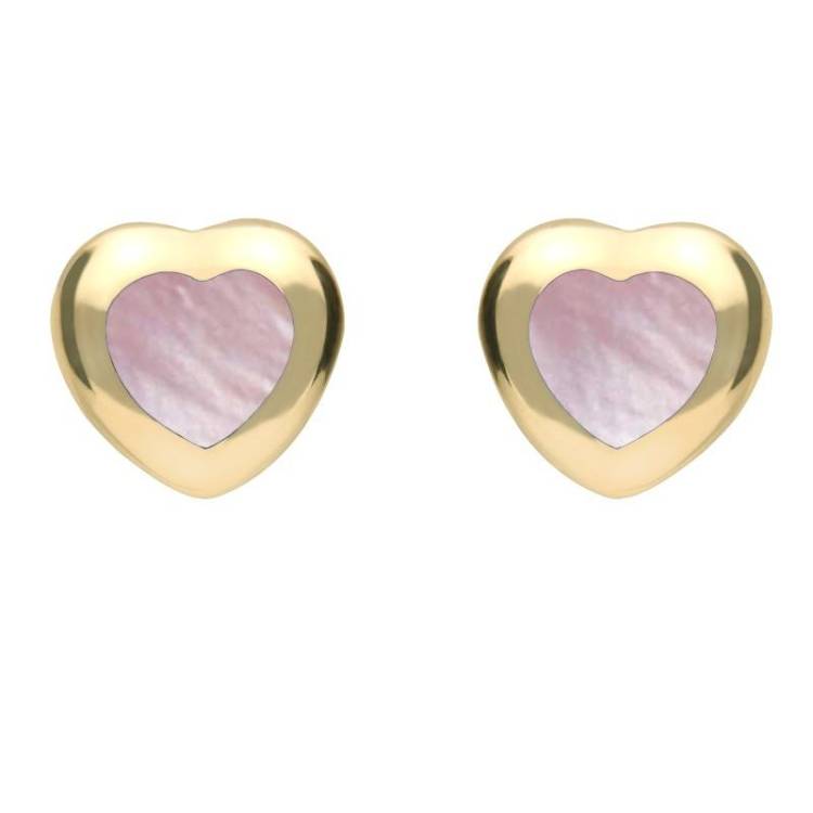 9ct Yellow Gold Pink Mother Of Pearl Framed Heart Stud Earrings - Yellow Gold