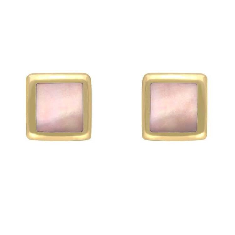 9ct Yellow Gold Pink Mother of Pearl Dinky Square Stud Earrings - Yellow Gold