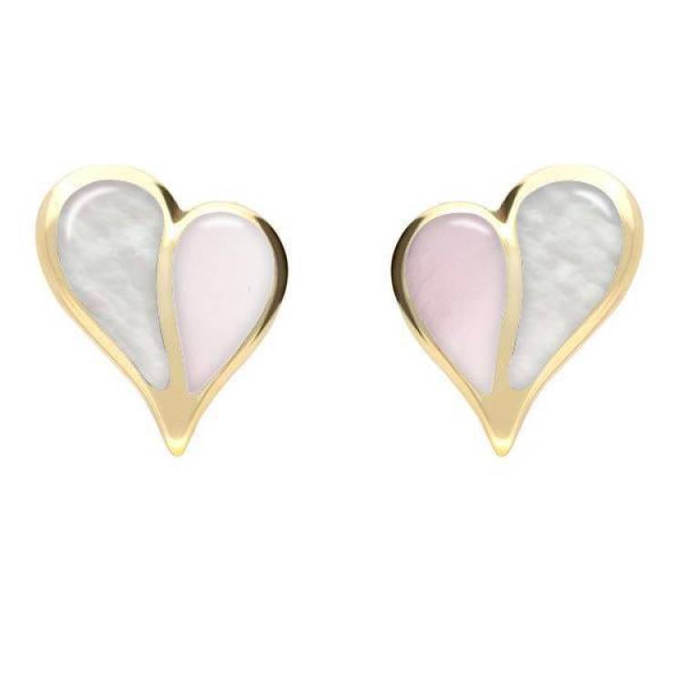 9ct Yellow Gold Pink Mother of Pearl White Mother of Pearl Split Heart Stud Earrings - Yellow Gold