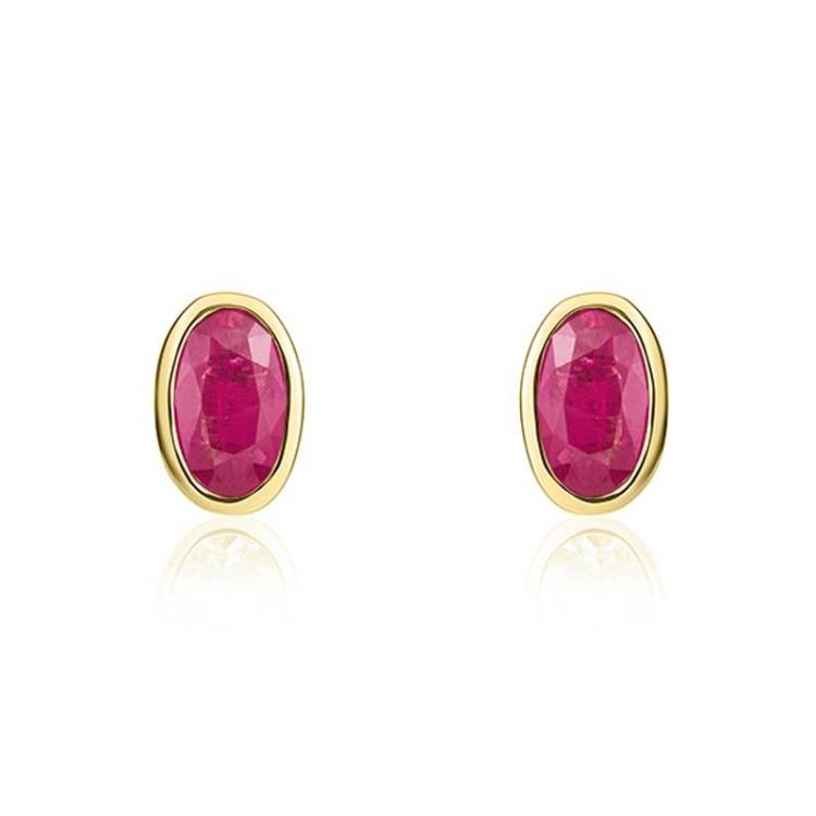 9ct Yellow Gold Ruby 5x3mm Oval Rub Over Set Stud Earrings