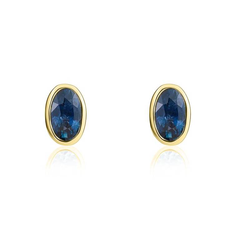 9ct Yellow Gold Sapphire 5x3mm Oval Rub Over Set Stud Earrings