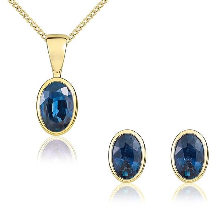 9ct Yellow Gold Sapphire 6x4mm Oval Rub Over Set Pendant and Stud Earrings Set