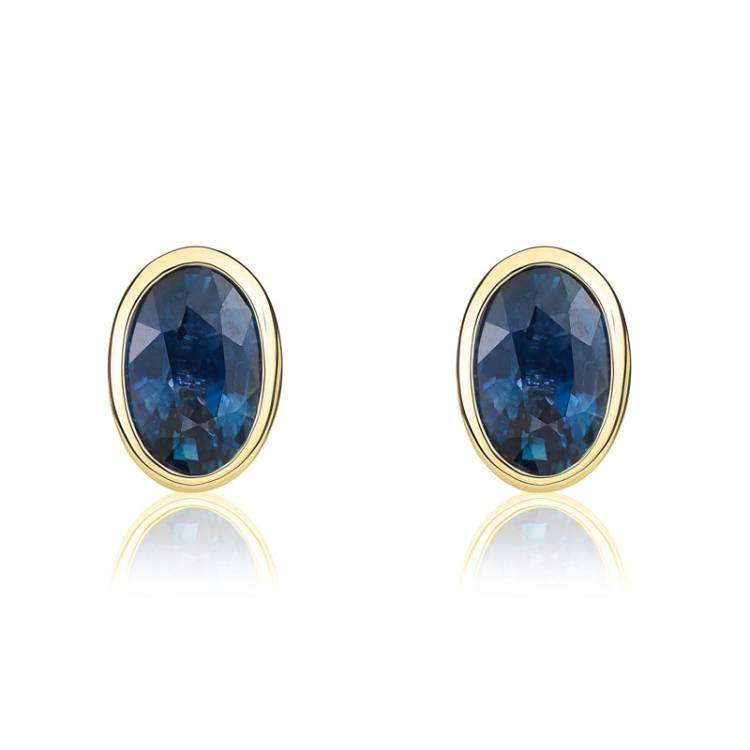 9ct Yellow Gold Sapphire 6x4mm Oval Rub Over Set Stud Earrings