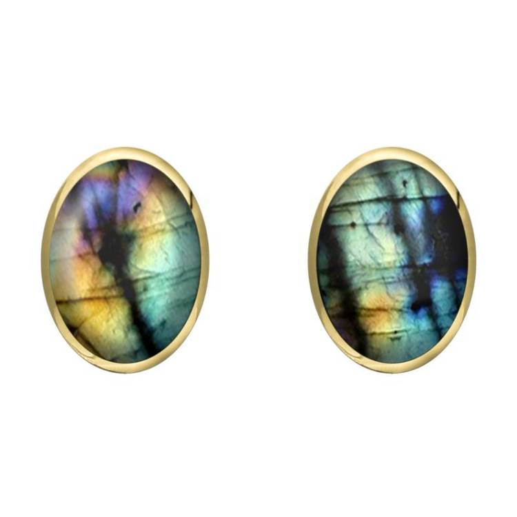 9ct Yellow Gold Spectrolite 8 x 10mm Classic Large Oval Stud Earrings