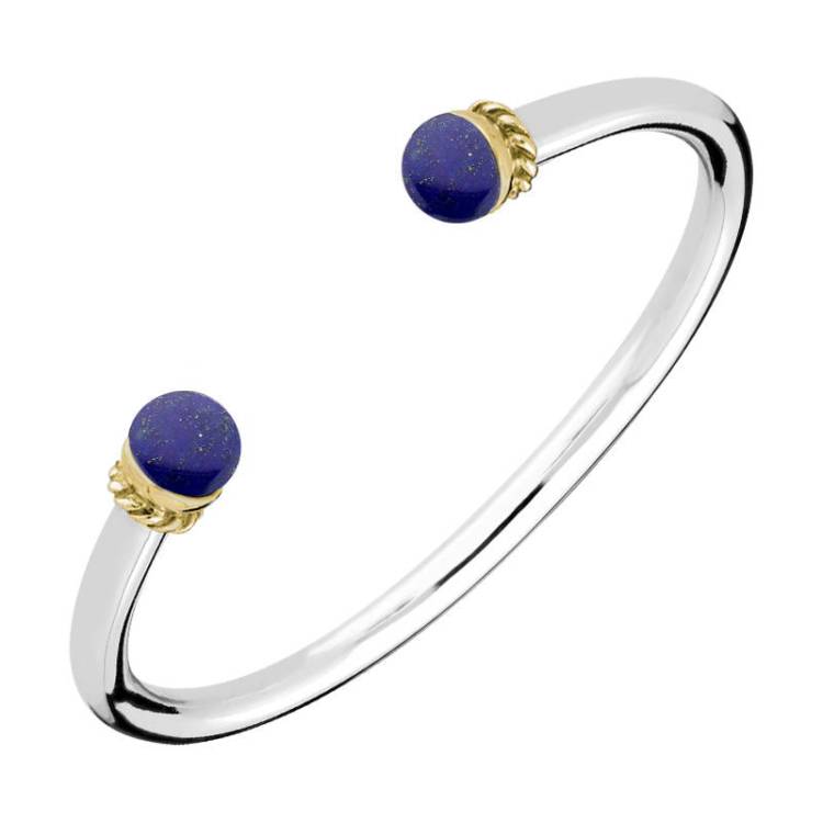 9ct Yellow Gold Sterling Silver Lapis Lazuli Bead Torc Twist Bangle - Silver