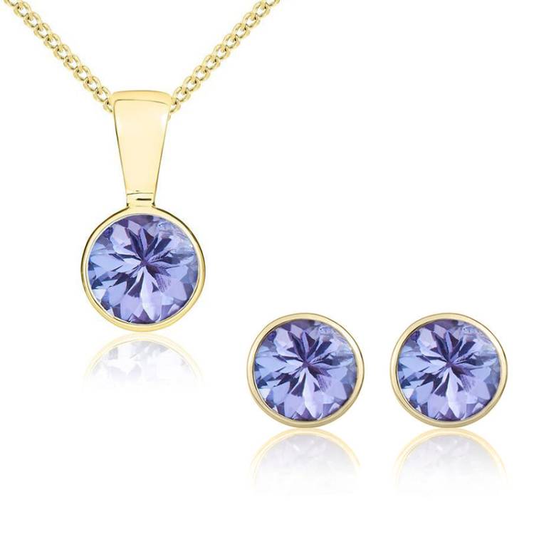 9ct Yellow Gold Tanzanite 5mm Round Rub Over Set Pendant and Stud Earrings Set