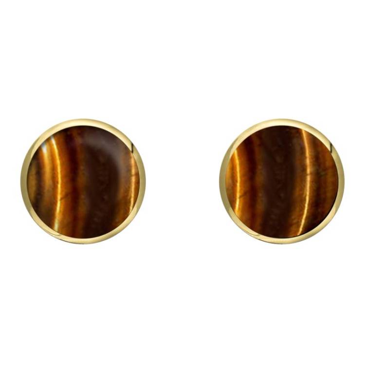 9ct Yellow Gold Tigers Eye 8mm Classic Large Round Stud Earrings