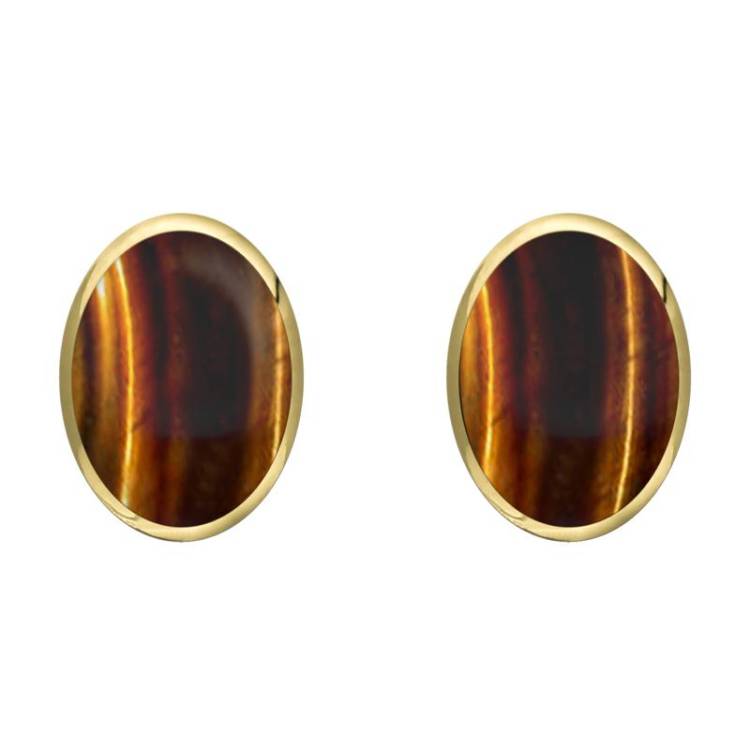 9ct Yellow Gold Tigers Eye 8 x 10mm Classic Large Oval Stud Earrings