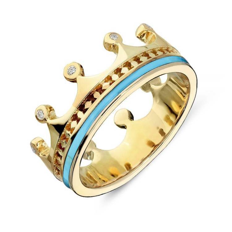 9ct Yellow Gold Turquoise Diamond Tiara Patterned Band Ring