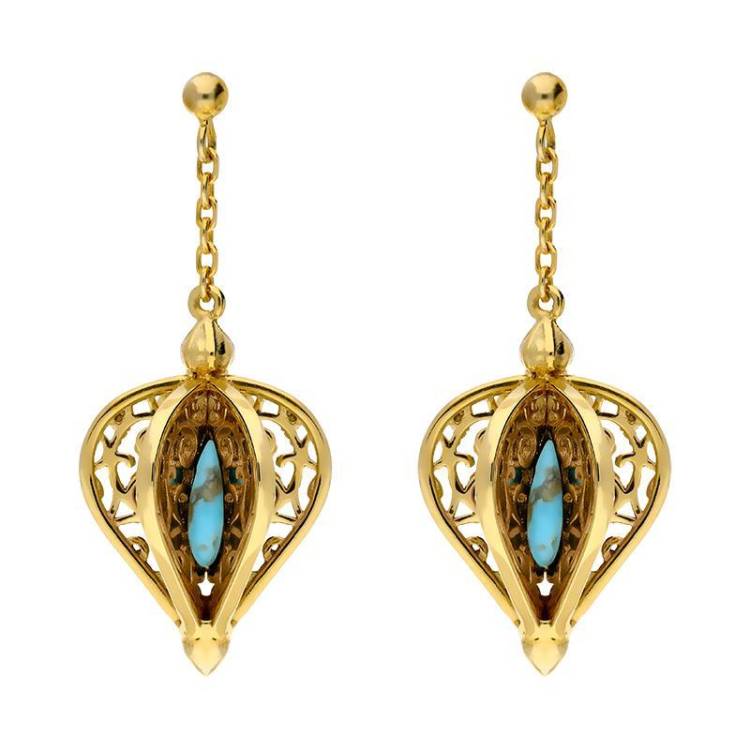 9ct Yellow Gold Turquoise Flore Filigree Drop Earrings