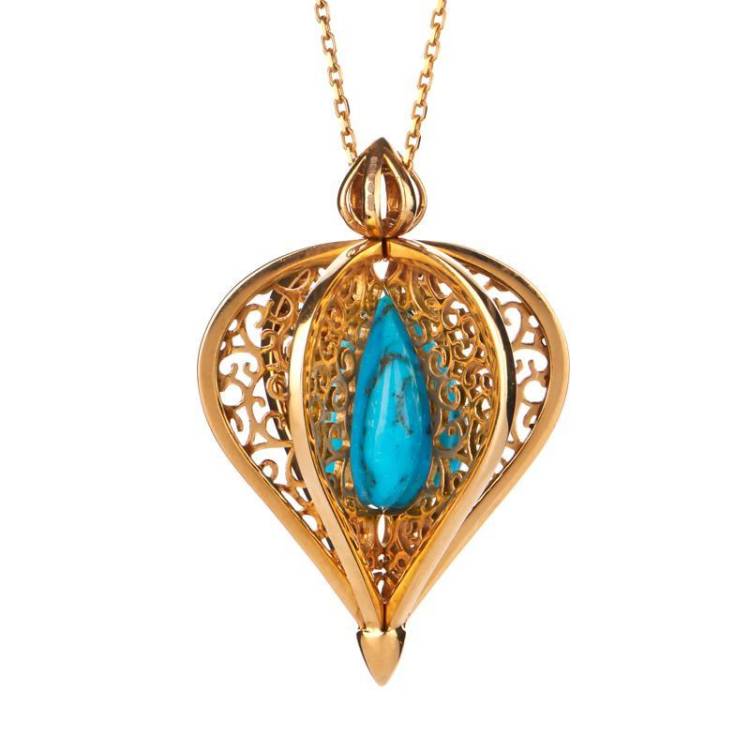 9ct Yellow Gold Turquoise Flore Filigree Droplet Necklace