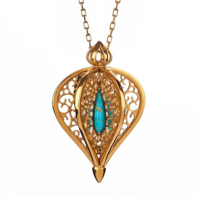 9ct Yellow Gold Turquoise Flore Filigree Small Necklace