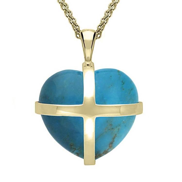 9ct Yellow Gold Turquoise Large Cross Heart Necklace - Option1 Value Yellow Gold
