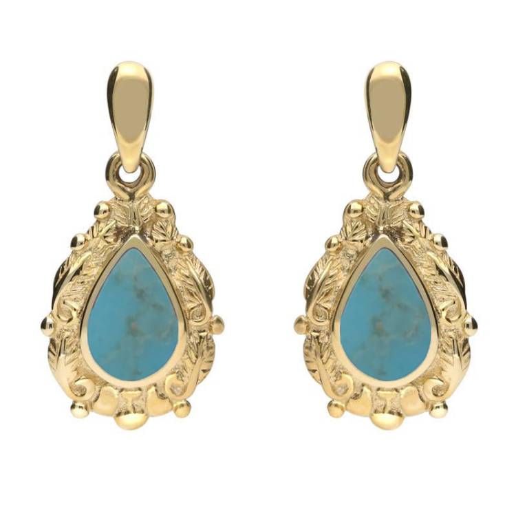 9ct Yellow Gold Turquoise Pear Shaped Leaf Drop Earrings - Yellow Gold