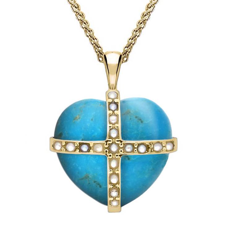 9ct Yellow Gold Turquoise Pearl Medium Cross Heart Necklace - Yellow Gold