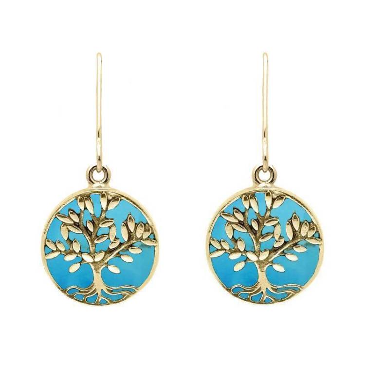 9ct Yellow Gold Turquoise Round Large Tree of Life Leaves Drop Earrings
