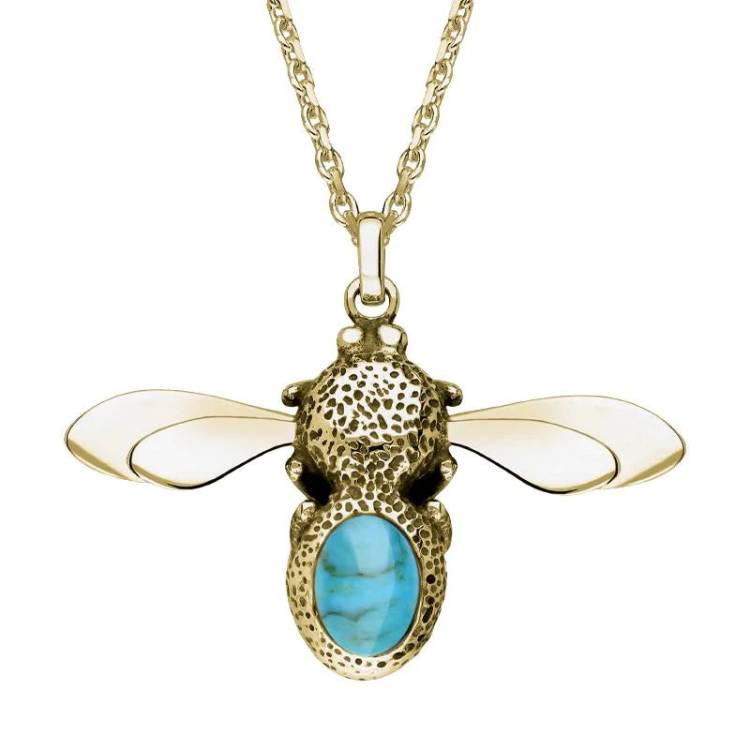 9ct Yellow Gold Turquoise Stone Set Body Bee Necklace