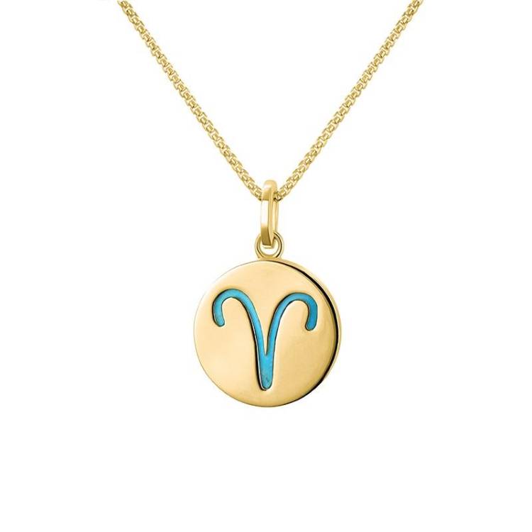 9ct Yellow Gold Turquoise Zodiac Aries Round Necklace - Gold