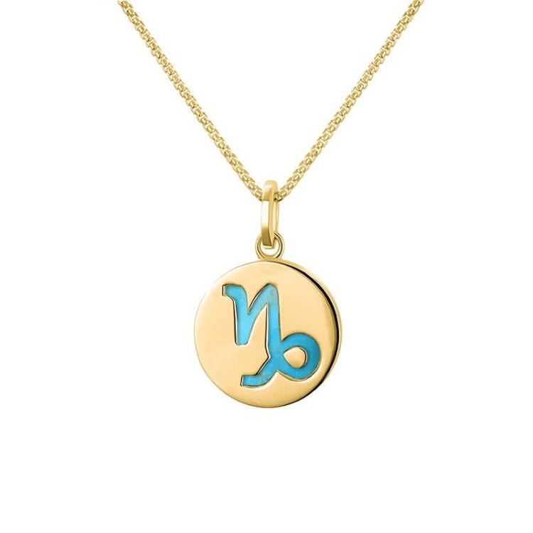 9ct Yellow Gold Turquoise Zodiac Capricorn Round Necklace - Gold