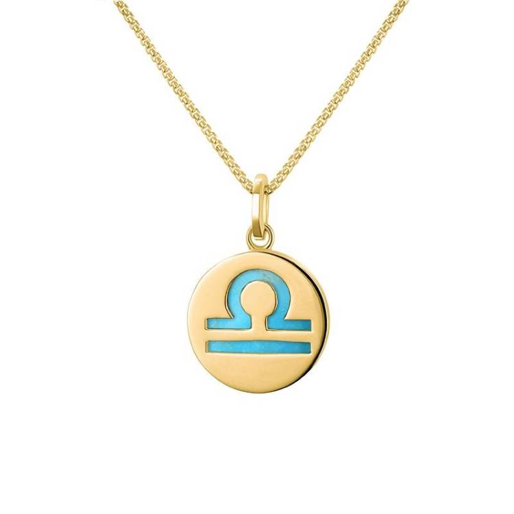 9ct Yellow Gold Turquoise Zodiac Libra Round Necklace - Gold