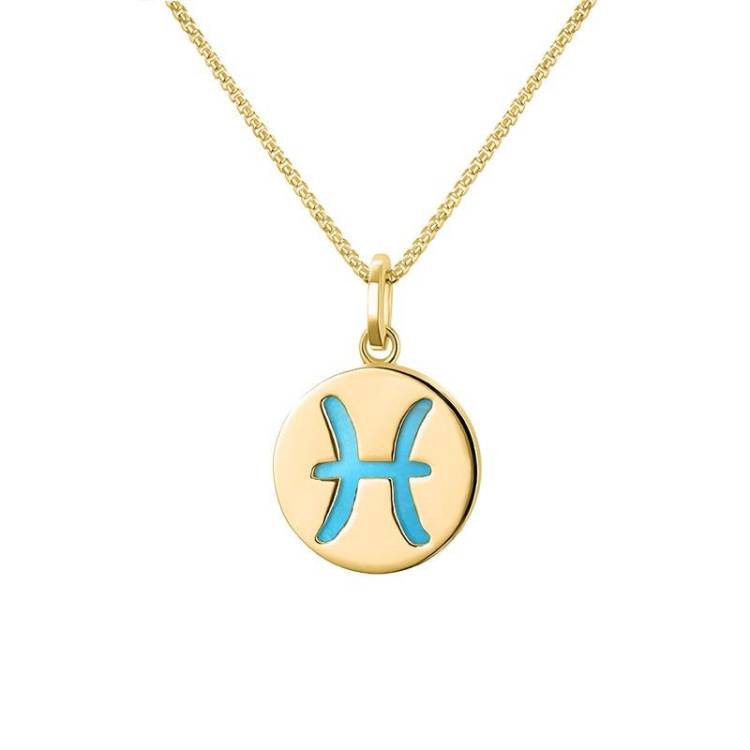 9ct Yellow Gold Turquoise Zodiac Pisces Round Necklace - Gold