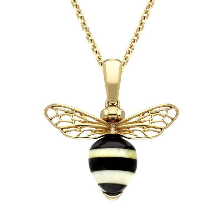 9ct Yellow Gold Whitby Jet Amber Winged Bee Necklace - Gold