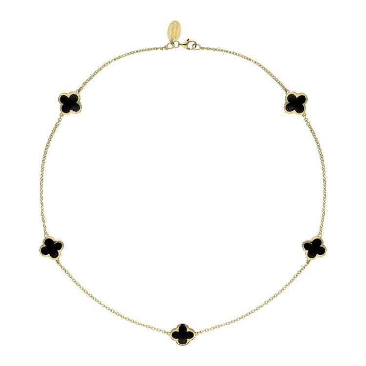 9ct Yellow Gold Whitby Jet Bloom Four Leaf Clover Necklace