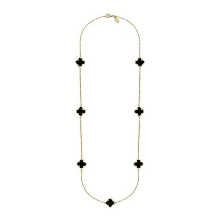 9ct Yellow Gold Whitby Jet Bloom Four Leaf Clover Long Necklace