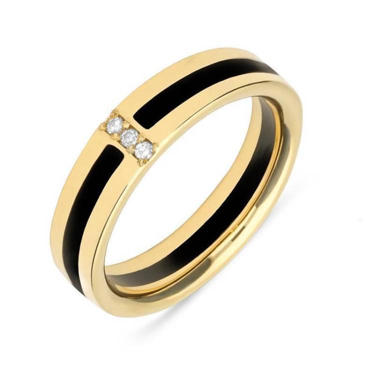 9ct Yellow Gold Whitby Jet Diamond Inlaid Wedding Band Ring - Yellow Gold