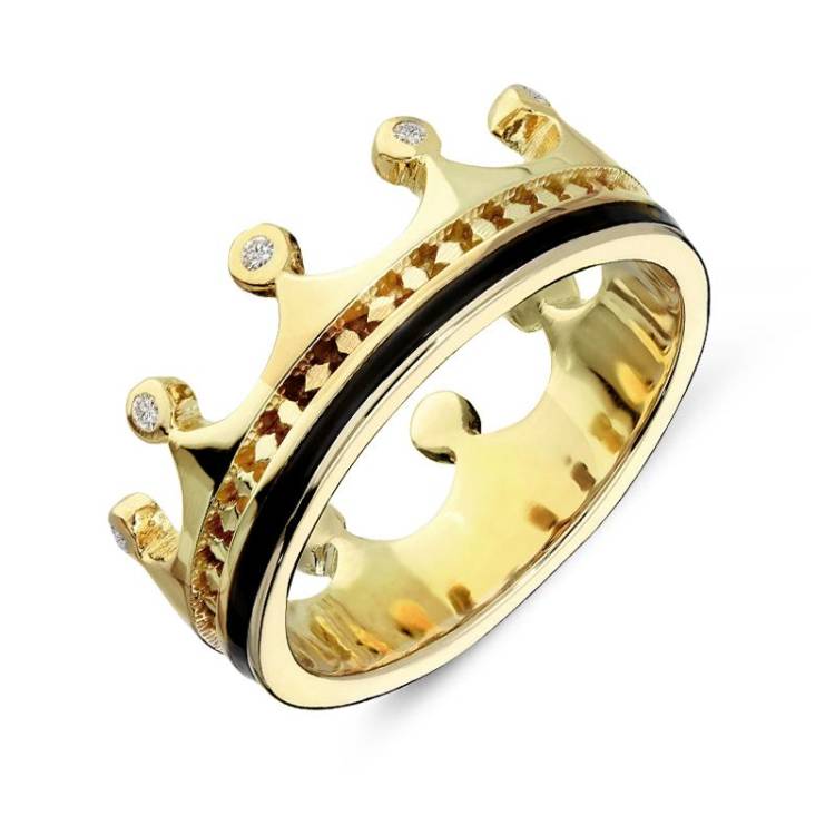 9ct Yellow Gold Whitby Jet Diamond Tiara Patterned Band Ring
