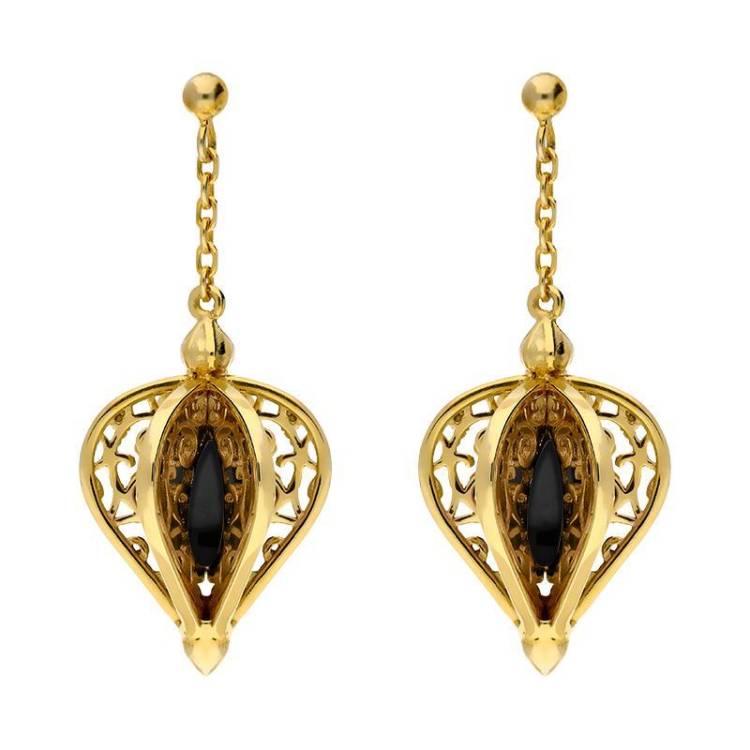 9ct Yellow Gold Whitby Jet Flore Filigree Drop Earrings