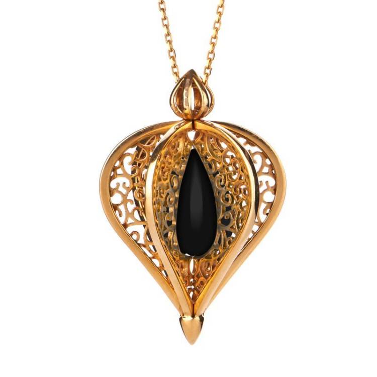 9ct Yellow Gold Whitby Jet Flore Filigree Droplet Necklace